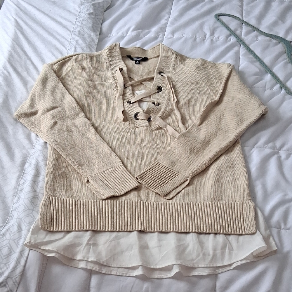 Simply Vera Vera Wang Cream Lace-Up V-Neck Sweater